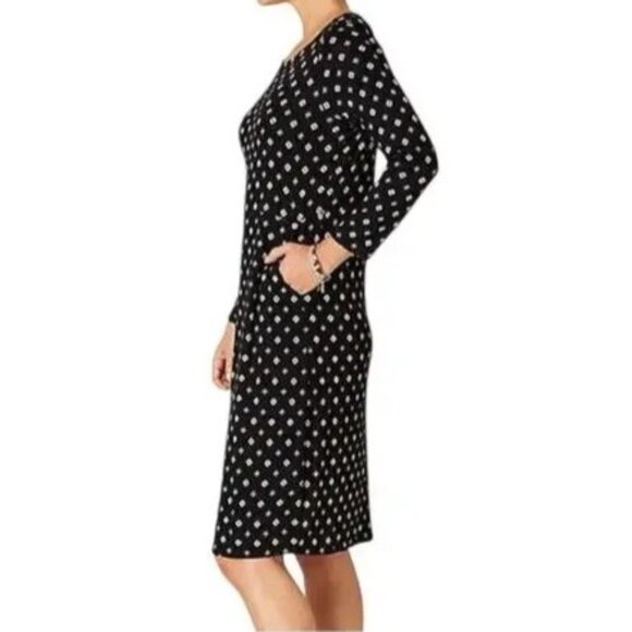 J.Jill Long Sleeve Geometric Print A-Line Dress Black Size M with Pockets - Picture 2 of 9